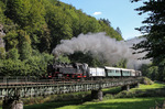64 491 wird von der "Dampfbahn Fränkische Schweiz" eingesetzt und ist regelmäßig auf der ehemaligen Bundesbahnstrecke Ebermannstadt – Behringersmühle unterwegs, hier auf der Wiesentbrücke bei Behringersmühle. (22.08.2010) <i>Foto: Joachim Bügel</i>