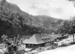 Blick auf den Bahnhof Beringersmühle (Fränkische Schweiz). Links oben Burg Gößweinstein, im Hintergrund Stempfermühle. (1934) <i>Foto: RVM</i>