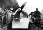 Rückseite des Kruckenberg´schen Schienenzeppelins um 5.26 Uhr morgens nach der Rekordfahrt mit 230 km/h im Bahnhof Berlin-Spandau. Die Vier-Blatt-Luftschraube aus Eschenholz wurde von einem im Heck sitzenden 12-Zylinder-Flugmotor BMW VI mit einer Leistung von 600 PS angetrieben. Rechts fährt 93 207 mit einem Personenzug vorbei. (21.06.1931) <i>Foto: RVM</i>