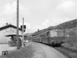 VT 98 9681 + VB 98 199 + VS 98 205 vom Bw Aschaffenburg im Haltepunkt Heimbuchenthal /Spessart.  (01.10.1966) <i>Foto: Slg. Eisenbahnstiftung</i>