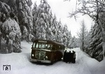 Die Mannschaft des DB-Linienbusses Bad Sachsa - St. Andreasberg - Altenau - Goslar hilft einem im Schnee stecken gebliebenden VW-Kafer bei der Weiterfahrt bei Altenau im Harz.  (02.1951) <i>Foto: Walter Hollnagel</i>
