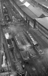 Blick vom Bekohlungskran auf die wassernehmenden Maschinen 01 1103, 03 127, 03 063 (v.l.n.r.) und weitere Loks der Baureihen 03 und 38.10. im Bw Hamburg-Altona.  (1955) <i>Foto: Walter Hollnagel</i>