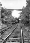 38 2646 vom Bw Krefeld verlässt den Königsdorfer Tunnel mit einem Personenzug nach Aachen. Kurz danach begannen die Abbrucharbeiten am Tunnel, dessen Standsicherheit in Frage stand. (08.1954) <i>Foto: Fischer</i>
