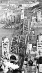 Die Hohenzollernbrücke war seit 1948 wieder zweigleisig befahrbar. Der provisorische Balkenträger-Mittelteil wurde 1951/52 durch einen Bogenteil mit einer Scheitelhöhe von 30 m und einer Weite von 167,75 m von Auflager zu Auflager ersetzt, der dem ursprünglichen Aussehen der Brücke entsprach. Auf Deutzer Seite ist noch die ausgeglühte Hallenkonstruktion der Bahnhofshalle zu erkennen. (1952) <i>Foto: Theo Felten</i>