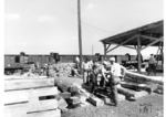 Herstellung der Bohrlöcher für die Schienenbefestigungsmittel in neuen Schwellen in einem russischen Sägewerk.  (1942) <i>Foto: RVM (Bandelow)</i>