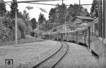 Begegnung von HGe 4/4 1992 und Fhe 4/6 914 im Bahnhof Giswil auf der Brünigbahn zwischen Luzern und Interlaken Ost. (06.1956) <i>Foto: Kurt Eckert</i>