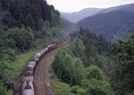 220 033 hilft als Schiebelok der Villinger 221 102-7 mit Güterzug 64935 am Hohnen in Richtung Nußbach auf der Schwarzwaldbahn. (1972) <i>Foto: Heinz Hargarter</i>