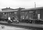 Ein Gmms40-Güterwagen wird im Grenzbahnhof Furth im Wald behelfsmäßig desinfiziert. Angesichts der lockeren Arbeitsweise würde heute jeder Arbeitsschutzbeauftragter diese Aktion sofort unterbinden. (17.06.1969) <i>Foto: Wolfgang Bügel</i>