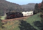 58 3017-9 rollt mit einem Güterzug beim Bk. Kaimberg ihrem Zielort Gera entgegen. (13.10.1978) <i>Foto: Peter Schiffer</i>