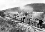 Die mit Heinl-Mischvorwärmer ausgerüstete 44 433 (Bw Bebra) mit einem Güterzug bei Marbach, Kreis Fulda. (19.06.1958) <i>Foto: Carl Bellingrodt</i>