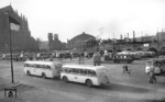 Der alte Kölner Busbahnhof an der Trankgasse. Heute steht hier das Museum Ludwig. Im Hintergrund sind Türme und Halle des Kölner Hauptbahnhofs mit einer 03.10 zu erkennen. Links der Kölner Dom. (1952) <i>Foto: Fischer</i>