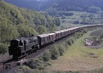 95 0014-1 (95 014) mit einem beachtlichen Durchgangsgüterzug aus reinrassigen DB-Wagen bei Hockeroda. (24.05.1977) <i>Foto: Colin Brack</i>