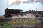 Die 1929 bei Linke-Hofmann-Busch gebaute G 8.2 war eine von 8 Maschinen für die Lübeck-Büchener Eisenbahn (LBE). Sie wurde bei der LBE unter der Nr. 97 geführt und erhielt 1938 die Reichsbahnnummer 56 3007. Nachdem alle Maschinen in den fünfziger Jahren ausgemustert wurden, überlebte 56 3007 zunächst bei den Industriewerken Wetzlar, später als "Carl Alexander 4" beim Eschweiler Bergwerks-Verein (EBV). Das Bild zeigt 56 3007 mit einem Kohlezug bei Merkstein im rheinischen Braunkohlengebiet. (06.11.1974) <i>Foto: Peter Schiffer</i>