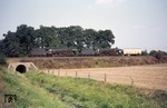 Mit der planmäßigen Lz 75697 aus Rheine wurde häufig ein Kühlwagen für den Lingener Fischmarkt mitgenommen, hier die "übermotorisierte" Fuhre mit 042 360 und 042 113 bei Salzbergen. (27.08.1973) <i>Foto: Wolfgang Bügel</i>