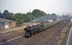 Der schnellste Dampfzug auf der Strecke Rheine - Emden war das Zugpaar D 714/715 (München - Norddeich u.z.). Hier donnert 012 061-8 vor D 715 ohne Halt durch den Bahnhof Lingen. (28.08.1973) <i>Foto: Wolfgang Bügel</i>