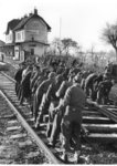 Im Zuge der am Altvatergebirge verlaufenden Strecke Hohenstadt - Mährisch Schönberg - Zöptau müssen französische Kriegsgefangene mit einfachstem Arbeitsgerät im Bahnhof Petersdorf an der Teß eine Weichenverbindung einbauen. (1944) <i>Foto: RVM (Ittenbach)</i>