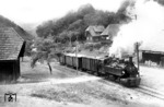Lok 105 (Bj. 1918) mit einem Rollbock-Güterzug auf der bis 1967 in Betrieb befindlichen 1000 mm Wiesentalbahn in Schönenbuchen. (1960) <i>Foto: RVM</i>