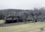Das Bw Aue war die letzte Hochburg der pr. G 12. Hier befördert 58 1800 den Durchgangsgüterzug Dg 53324 nach Aue bei Hartenstein/Sa. Durch den Wald lugt der Turm der Burg Stein hervor.	 (08.09.1976) <i>Foto: Peter Schiffer</i>
