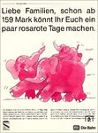 Eine der bekanntesten Werbekampagnen der Bundesbahn waren die "rosaroten Elefanten", die zwischen 1983 und 1988 überall präsent waren. Der damalige Verkaufschef der DB, Hemjö Klein, wollte damit eine Wende vom Auto zur Bahn schaffen. Damit die Kunden nicht nur dann kamen, wenn Eis und Schnee das Autofahren zum Abenteuer machten, drehte man unaufhörlich an der Preisschraube und erfand die rosaroten Sonderangebote. Kritiker stellten jedoch bald fest, dass eigentliche Ziel der Tarifreform verfehlt wurde, da die vollen Züge voll blieben, und die leeren Züge weiterhin ohne Passagiere durch die Gegend fuhren. Letztlich wurden die rosaroten Elefanten vom noch heutigen gültigen Sparpreisangebot abgelöst. (1985) <i>Foto: WER</i>