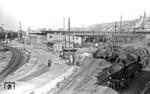 Das Bw Bingerbrück im Frühjahr 1951: Neben der 64 143, die nur kurzzeitig in Bingerbrück stationiert war, beheimatete Bingerbück zahlreiche Loks der Baureihe 42 (hinten 42 1900). Links ist die Nahebrücke an der linken Rheinstrecke in Richtung Bingen (Stadt) - Mainz zu erkennen. (04.1951) <i>Foto: A. Dormann, Slg. W. Löckel</i>