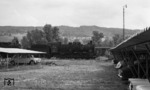 Die bereits abgestellte 57 2513 mit einer weiteren Schwesterlok im idyllisch wirkenden Bw Haltingen. (08.08.1967) <i>Foto: Burkhard Wollny</i>