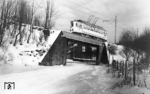 Straßenbahnwagen 153 der Bergischen Kleinbahn AG auf der Linie 5 (Elberfeld - Ronsdorf) an der Straßenunterführung "An der Krim" in Wuppertal-Ronsdorf. (1940) <i>Foto: RVM-Filmstelle Berlin</i>