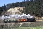 Die 1939 bei Krupp in Essen gebaute 99 6001 blieb bei der Nordhausen-Wernigeroder Eisenbahn-Gesellschaft (NWE) ein Einzelstück. Hier ist sie auf der Selketalbahn zwischen Alexisbad und Harzgerode unterwegs. (13.04.1974) <i>Foto: C.J. Gammell</i>