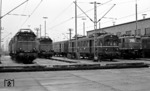 Sonntagsruhe im Bw Freiburg: Neben 145 174 und 145 181 warten 485 002 und 140 356. (05.03.1972) <i>Foto: Burkhard Wollny</i>