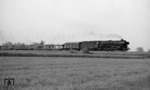 Ausnahmsweise vor einem Güterzug mit leeren Autotransportwagen war die Rheiner 012 066 (01 1066) bei Oldersum (zwischen Emden und Leer) anzutreffen. (08.05.1972) <i>Foto: Burkhard Wollny</i>
