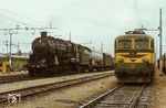 Im Bahnhof Belgrad trifft JZ 36-009 auf die E-Lok 342-015. 36-009 ist die 1918 bei Henschel gebaute "5592 Saarbrücken" (58 1139), eine von rund 50 Lokomotiven der pr. G 12, die ab 1943 in Jugoslawien verblieb.  (09.1970) <i>Foto: Wolfgang Staiger</i>
