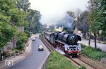 Die DR-Traditionslok 03 1010 vom Bw Halle (Saale) P mit Sonderzug E 27882 nach Halberstadt in der Ortslage Oschersleben (Bode).  (16.06.1990) <i>Foto: Wolfgang Bügel</i>