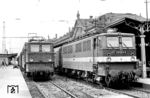 Die beiden DR-Neubauloks 211 001 und 242 151 in Erfurt Hbf. Die Baureihe E 11 (ab 1970: 211) war 1961 die erste nach dem Zweiten Weltkrieg neuentwickelte Bauart von elektrischen Lokomotiven der Deutschen Reichsbahn. Die Baureihe E 42 (ab 1970: 242) stellte ab 1962 eine für den Güterverkehr und langsamen Personenverkehr abgewandelte Version der Baureihe E 11 dar. (03.1980) <i>Foto: Thomas Fischer</i>