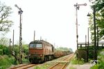 120 193 vom Bw Altenburg fährt mit einem Güterzug durch den Haltepunkt Klieken zwischen Coswig (Anh) und Roßlau (Elbe). Die schönen alten Bahnsteiglampen stehen gerade vor dem Aus. (27.05.1984) <i>Foto: Thomas Fischer</i>