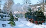 86 1001 auf dem letzten Refugium der 86er vom Bw Aue (Sachs), der Strecke Walthersdorf–Crottendorf, mit P 19643 in Crottendorf. (24.02.1983) <i>Foto: Thomas Fischer</i>