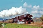 01 0517 mit E 800 (Saalfeld/Saale ab 6.58 Uhr – Leipzig Hbf) bei Crossen (Elster). Rechts ist das Schloss Crossen, eine ehemalige Burg aus dem 10. Jahrhundert, zu sehen.  (03.05.1981) <i>Foto: Helmut Dahlhaus</i>