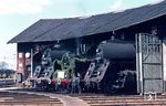 Am 31. März 1973 feierte die „Friedrich-Wilhelms Nordbahn“ (Gerstungen – Cassel – Haueda/Carlshafen) ihr 125-jähriges Jubiläum. Aus diesem Anlaß war 24 009, die erst im September 1972 aus der DDR in den Westen gekommen war, mit einem Sonderzug unterwegs. Im Schuppen 2 des Bw Bebra traf sie auf ihre ehemaligen Schwestern aus der DDR, den Erfurtern 01 0519 und 01 0522. Dazu gesellte sich auch das damalige Stammpersonal der 24: Gerhard Moll (mit der obligatorischen Uhrkette) und Jörg Sekund.  (31.03.1973) <i>Foto: Helmut Dahlhaus</i>