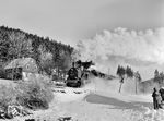 Im Februar 1975 verabschiedete der Deutsche Modelleisenbahn-Verband der DDR im Rahmen einer Sonderfahrt die letzten noch im Plandienst verkehrenden Loks der Baureihe 94 auf den Steilstrecken des Thüringer Walds rund um Schleusingen. 94 1601 dampft bei einem Fotohalt bei Schmiedefeld am Rennsteig an den Fahrtteilnehmern vorbei. (22.02.1975) <i>Foto: Michael Malke</i>