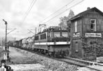 242 020 vom Bw Halle (Saale) P passiert mit einem Güterzug die Blockstelle Stöben zwischen Camburg und Großheringen. Die Blockstelle (mit Schrankenposten) war bis zum zweigleisigen Ausbau der Saaletalbahn in Betrieb. Das Wärtergebäude stammte noch aus der Anfangszeit der Bahn von 1874 und wurde 1982 abgerissen. (06.1980) <i>Foto: Martin Heller</i>