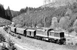 Ende der 1980er Jahre waren schon sehr viele Züge auf der Harzquerbahn verdieselt und das Ende der Dampflokeinsätze absehbar. So war es wenig verwunderlich, dass auch der P 14409 (Wernigerode - Nordhausen) mit der Diesellok 199 872 vor Eisfelder Talmühle erschien. Die politische Wende schaffte dann hier auch hier die Wende. Die Dampflok war aus touristischen Gründen wieder gefragt. (06.05.1989) <i>Foto: Thomas Fischer</i>