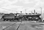 41 1155 auf der Drehscheibe der Einsatzstelle Göschwitz. Die am 11.03.1939 in Bamberg in Dienst gestellte Lok beendete nach 40 Einsatzjahren ihre aktive Dienstzeit am 29.07.1979 beim Bw Neubrandenburg. Sie gehörte damals zu den letzten DR-41ern, die noch einen dreidomigen Nachbaukessel aus dem Jahr 1944 besaß, sowie einen Tender der Bauart 2'2' T 32.  (05.1975) <i>Foto: Martin Heller</i>