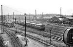 Die Triebwagen 137 326–331 a/b und 367–376 a/b wurden ab 1940 ursprünglich für den Regionalverkehr im Schnellverkehr auf nichtelektrifizierten Strecken der DRG als „Bauart Stettin“ entwickelt. Der Unterschied zu allen bisher gefertigten vierachsigen Dieseltriebwagen war bei diesen Fahrzeugen die unterflur angeordnete Antriebsanlage. Fünf Fahrzeuge der Bauart "Stettin" verblieben im Einsatzbestand der Deutschen Reichsbahn der DDR (137 329, 331, 367, 368, 371). Zwei Doppeleinheiten (vorn und hinten, mit einem VB 147 links und einem VS 145) rangieren hier im Bw Halle (Saale) P im Bereich "Schuppen V" (Ellok), der am linken Bildrand zu erkennen ist. Rechts am "Schuppen III" stehen Loks der Baureihen 78, 38.10 und 65 abgestellt. Im Hintergrund erstreckt sich die Fahrzeughalle der Versuchsanstalt, der späteren VES-M Halle (Saale).  (07.1956) <i>Foto: Jürgen Hagemann</i>