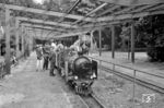 Lok 3 der Pioniereisenbahn Dresden im Großen Garten. Seit 1951 wird der größte Teil der Dienstposten der Bahn durch Kinder und Jugendliche besetzt. Schüler aus Dresden und Umgebung können sich anmelden, wenn sie in der vierten oder fünften Klasse sind, und werden im Winter zu Parkeisenbahnern, damals noch Pioniereisenbahnern, ausgebildet. Sie werden auf ihren Einsatz als Fahrdienstleiter, Aufsicht, Sperre, Schrankenposten sowie Zugbegleiter vorbereitet. Dabei lernen sie Zugmeldungen durchzuführen, Signale und Weichen zu stellen, Fahrkarten zu kontrollieren und Züge abzufertigen. Das Interesse an einer Ausbildung ist bis heute unvermindert groß, 2025 leisteten rund 200 Kinder als Parkeisenbahner Dienst. (25.06.1966) <i>Foto: Basil Roberts</i>