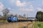 "ZDF-Express-Lok" 120 151 vor einem Kesselwagen-Ganzzug bei Nannhofen (seit 2004 Mammendorf) an der Bahnstrecke München–Augsburg.  (29.03.2007) <i>Foto: Stefan von Lossow</i>