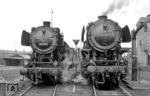 Im Bw Crailsheim treffen sich die seit der Anlieferung am 19.10.1942 hier beheimatete 44 1374 und 50 406, seit Februar 1964 hier ansässig. (22.03.1967) <i>Foto: Reinhard Gumbert</i>