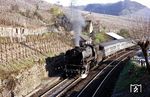 023 104 (Bw Saarbrücken) verlässt mit P 2457 nach Koblenz den Haltepunkt Neef an der Mosel. (04.1971) <i>Foto: Robin Fell</i>