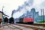 Im Bahnhof Geroldshausen überholt V 200 001 mit dem verspäteten E 532 (Hof - Kaiserslautern) den P 3854 mit 23 039 nach Lauda. (07.1968) <i>Foto: Robin Fell</i>