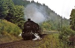 58 2051 mit P 3603 auf der Fahrt nach Johanngeorgenthal. Bei genauem Hinsehen ist rechts im Unterholz noch da zweite Gleis zu erkennen, dass ab 1948 zum Abtransport des Urans aus der sowjetischen SAG Wismut verlegt wurde und das zu einer Zeit, wo in der übrigen sowj. Zone alle zweigleisigen Strecken zurückgebaut wurden. (02.09.1976) <i>Foto: Wolfgang Bügel</i>