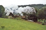 86 1193 mit (der unsichtbaren) Schiebelok 50 1317 vor einem Nahgüterzug nach Cranzahl bei Annaberg-Buchholz. (03.09.1976) <i>Foto: Wolfgang Bügel</i>