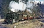 99 6102 bei Silberhütte auf dem Weg nach Straßberg. (04.04.1977) <i>Foto: Joachim Bügel</i>