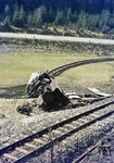 Am 10.03.1977 entgleiste 99 5901 zwischen Harzgerode und Alexisbad. Weil beim Rangieren im Bahnhof Harzgerode vier beladene Güterwagen (zwei OOm und zwei Ow mit Aluminiummasseln) nicht an die Hauptluftleitung angeschlossen waren, rollte die Rangiereinheit talwärts auf die Strecke Richtung Alexisbad. In dem Gleisbogen am Schneckenberg vor der Fernstraße 242 kam es zur Entgleisung. Lok und Wagen stürzten die Böschung hinab. Erst am 29. April gelang es, die Lok über ein Hilfsgleis zu bergen. (04.04.1977) <i>Foto: Joachim Bügel</i>